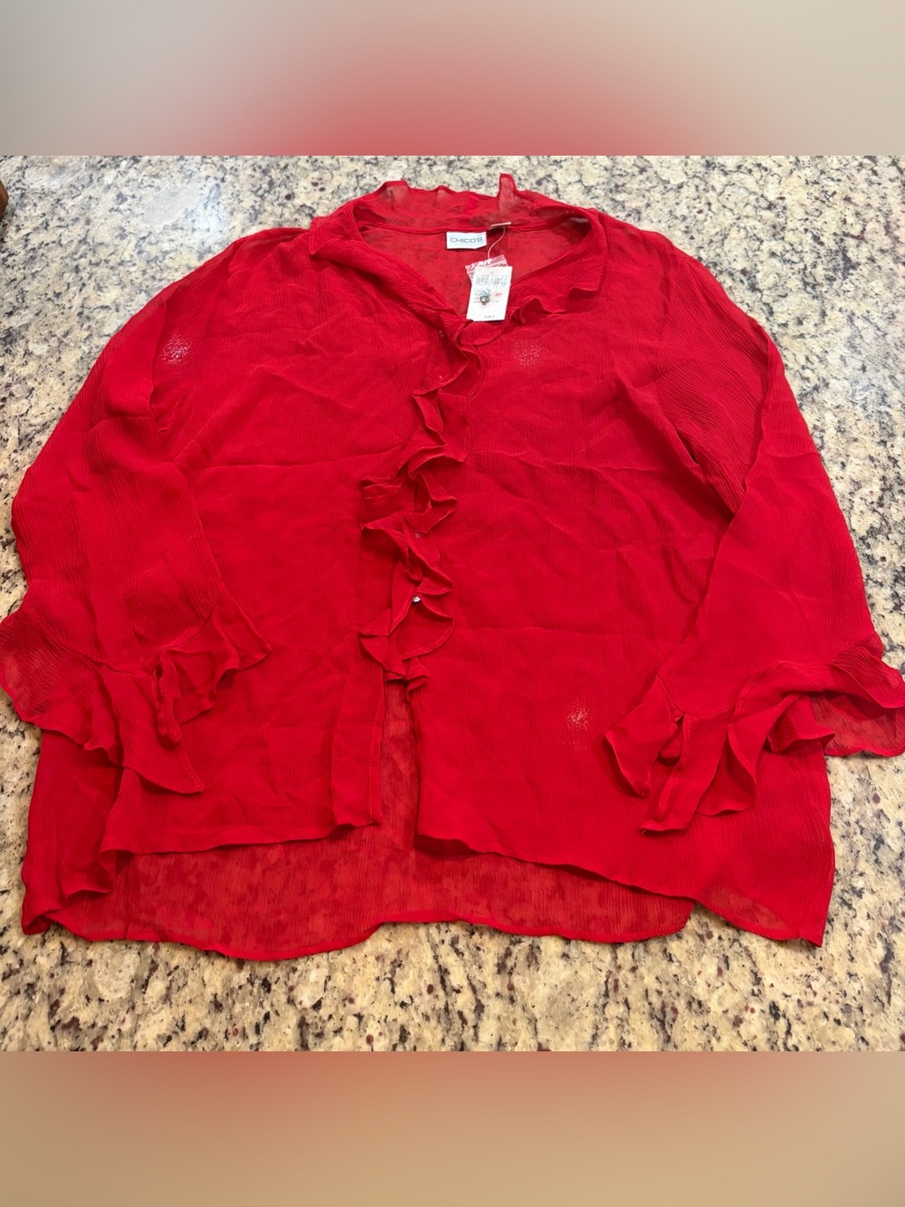 Chico's 100% silk sheer red button up blouse with ruffles